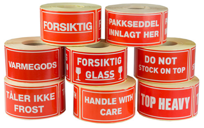 Etikett 55x110mm "forsiktig glass"